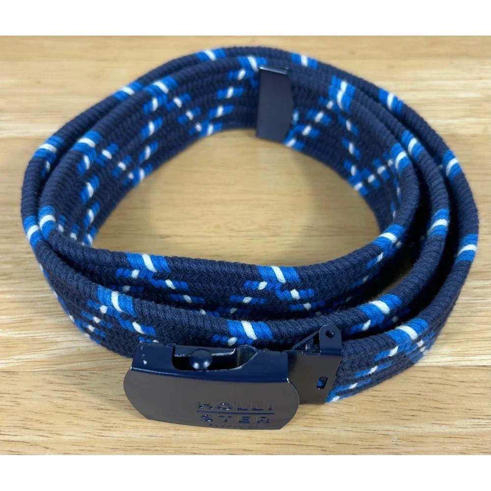 Hollister Web Belt Mens L Blue Nautical Woven Fabric Adjustable Slider Buckle